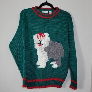 Vintage Carriage Court Womens Dog Christmas Sweater Size M Chunky Knit Green Red